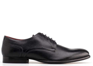Men's black grain leather dress shoe with lace-up closure, side view on white background