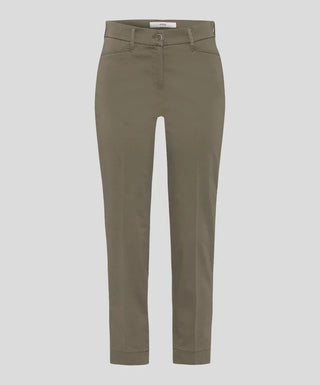Khaki cotton satin capri pants for women, front view on white background