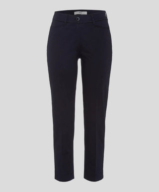 Women's navy cotton sateen capri pants with front pockets and button closure on white background