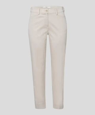 Beige cotton satin capri pants for women, front view on light background