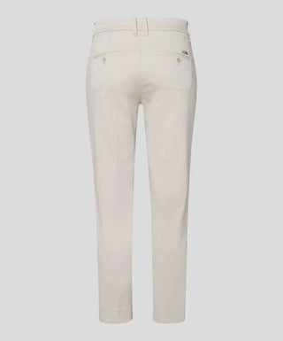 Back view of beige cotton satin capri pants with pockets and belt loops