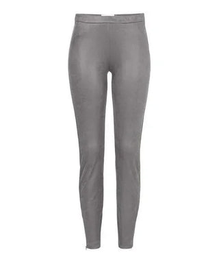 Gray faux suede leggings for women, slim fit, front view on white background