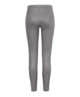 Gray faux suede leggings for women, high waist, slim fit, back view