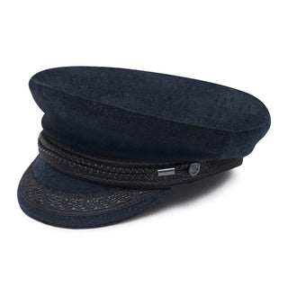Navy wool captain’s hat with black decorative trim and braided cord detail