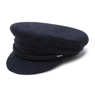 Navy wool captain's hat with black braided trim on a white background