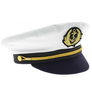 white and navy blue captain’s hat with gold anchor emblem and braided trim