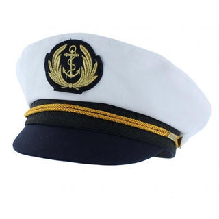 White and navy captain's hat with gold anchor emblem and braided trim