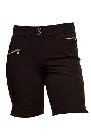 Black women's knee-length Miracle shorts with front zip pockets and double button waist
