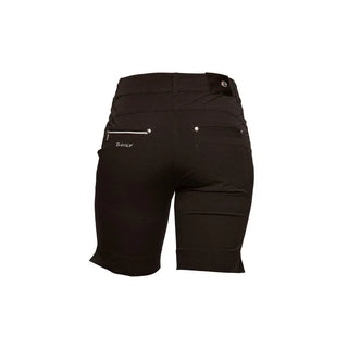 Black women's golf shorts with back pockets and zipper detail, rear view