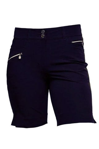 Women's navy shorts with front zip pockets and double button waist, Daily Sports style