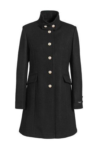 Long black wool coat for women with silver buttons and high collar