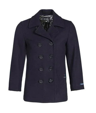 Men's navy wool peacoat with double-breasted buttons and notched collar, front view.