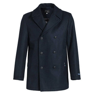 Men’s navy wool peacoat with double-breasted buttons and wide lapels on white background
