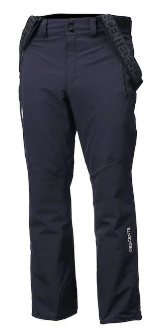 Men's Descente black ski pants with suspenders, waterproof winter sportswear