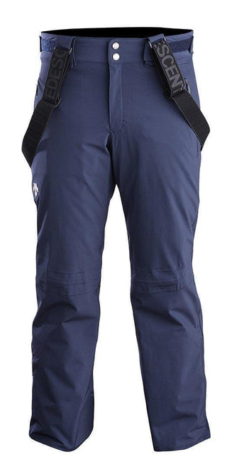 Men's blue ski pants with adjustable suspenders and logo patch on the left thigh