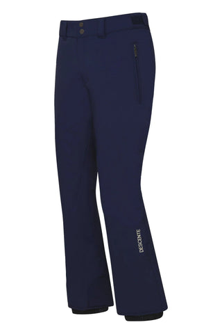 Men's navy blue ski pants with front zipper pocket and DESCENTE logo on the leg