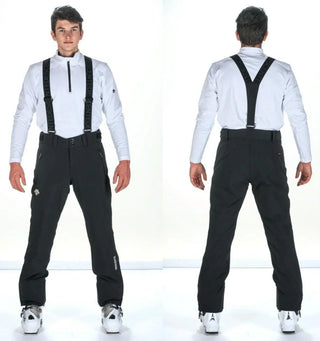 Men's black ski pants with suspenders, front and back view, modeled with white top
