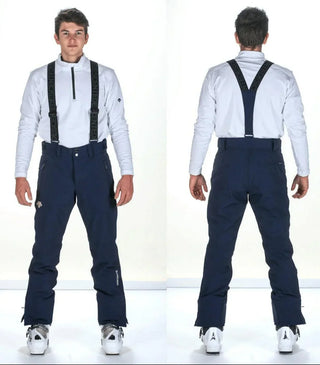 Men's navy Descente ski pants with suspenders, shown front and back on model