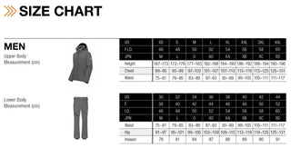 Men's size chart for ski jackets and pants with measurements for chest, waist, hip, and inseam in cm.