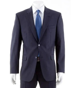 Men's navy Digel Damian suit with notch lapel and blue tie on mannequin