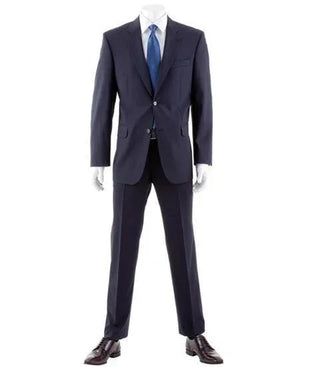 Men's classic navy suit with blue tie and dress shoes on mannequin