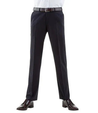 Men's navy dress pants with crease, paired with brown belt and dress shoes