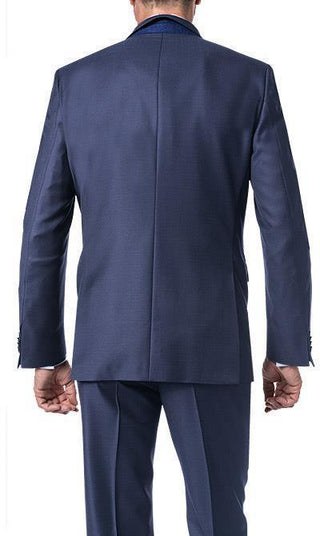 Back view of a man wearing a navy blue wool suit, tailored fit, on a white background.