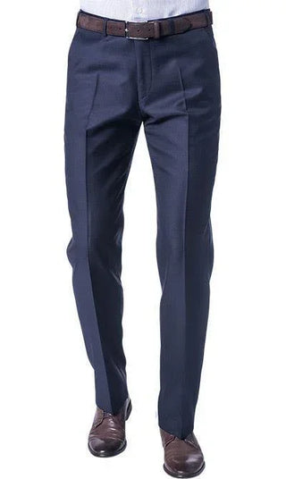 Men's navy wool dress pants with front pleats, brown belt and brown dress shoes