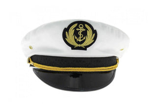 White captain hat with anchor emblem, black visor, and gold trim on a white background