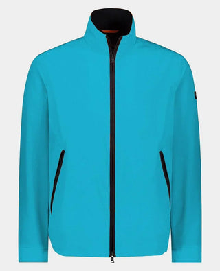 Men's bright blue nylon zip-up jacket with high collar and black zipper details