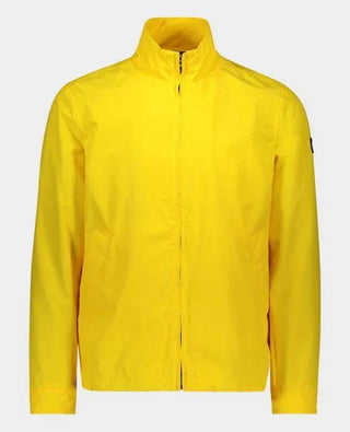 Bright yellow nylon windbreaker jacket with zip front and stand collar, displayed on plain background