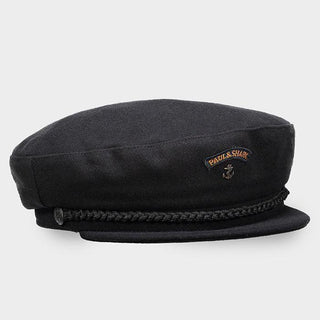 Black wool captain's hat with anchor emblem and embroidered patch on the front