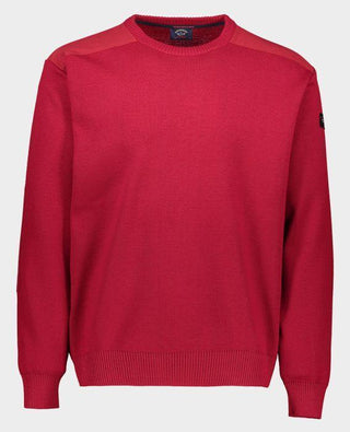 Red crew neck sweater with shoulder patches and long sleeves, men's fashion top