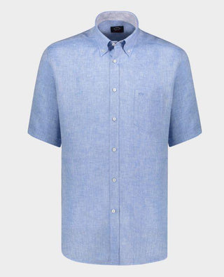 Light blue linen short sleeve button-up shirt with front pocket, classic collar.