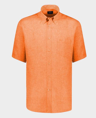 Men's short-sleeve orange linen shirt with button-down collar and chest pocket on white background