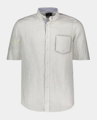 White linen short sleeve shirt with button-down collar and chest pocket for men