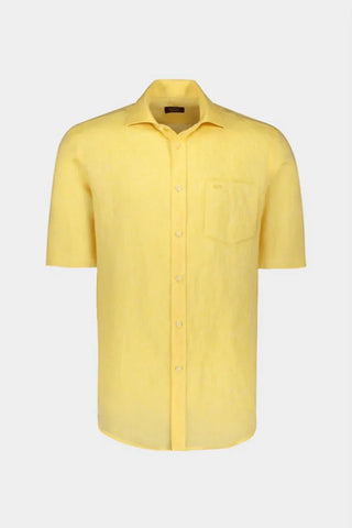 Men's yellow linen short sleeve button-up shirt with front chest pocket