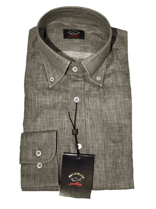 Men's long-sleeve linen shirt in grey, button-down collar, folded with tag attached