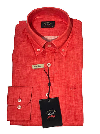 Mens long-sleeve red linen shirt, button-down collar, folded with visible tags