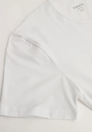 Close-up of a white crew neck short sleeve t-shirt with soft cotton fabric