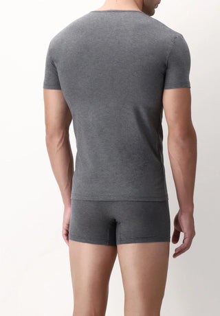 Man wearing fitted grey crew neck t-shirt and matching boxer briefs, rear view