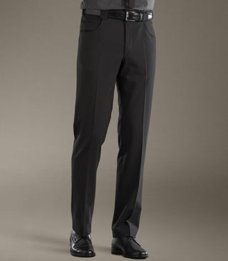 Men's black dress pants with belt, front view, business attire